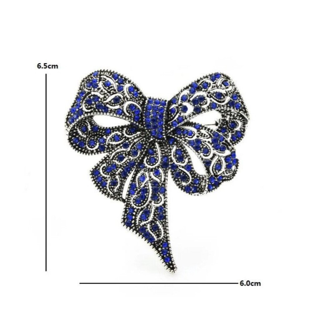 Vintage Style Deco Classic Blue Silver Rhinestone Bow Large Bowknot Brooch Pin